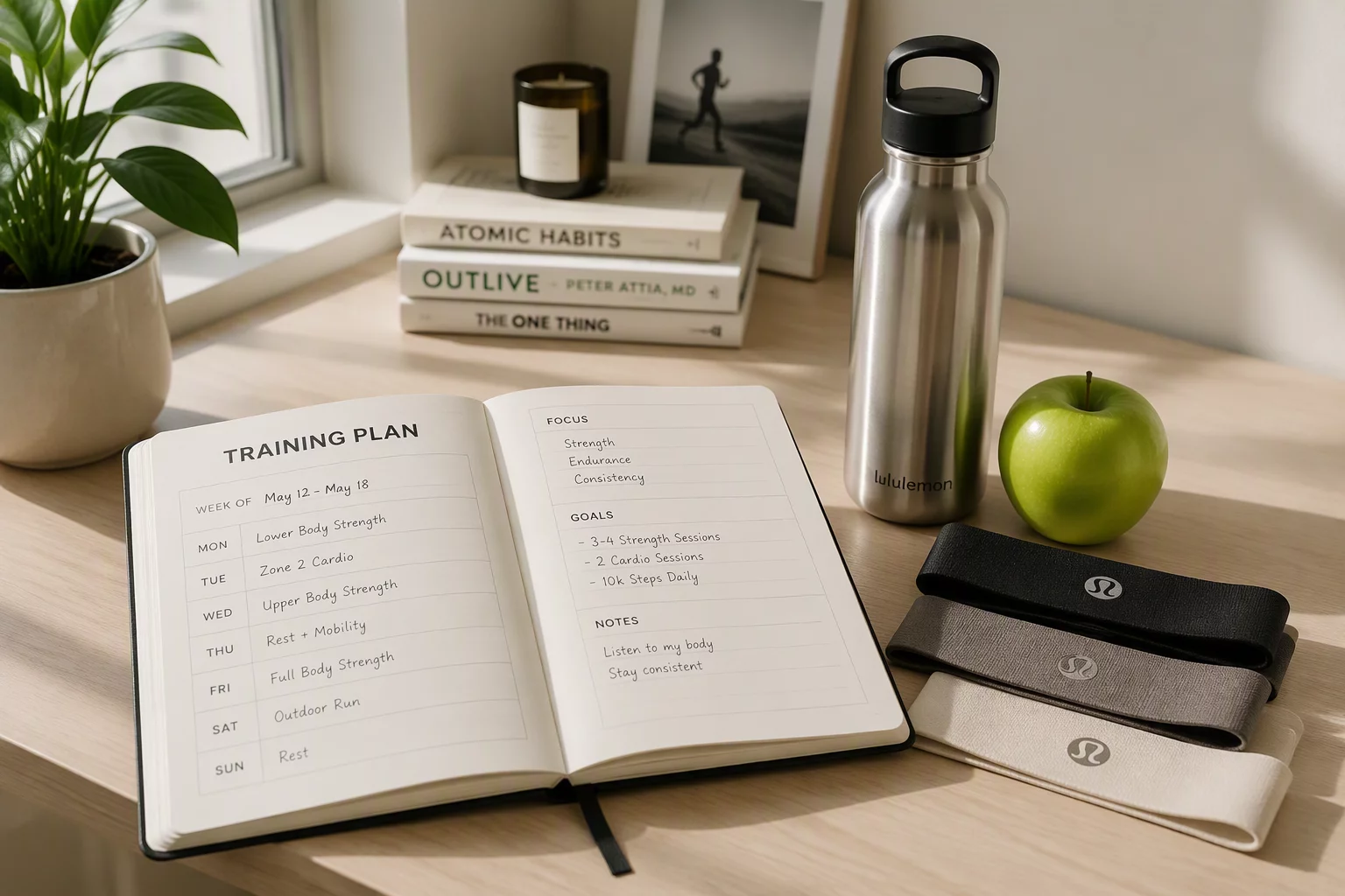 Birrechnarms editorial desk with fitness literature and planning tools